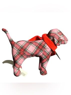 PINK Victoria’s Secret Plaid Dog Plush w/ Red Scarf NWT